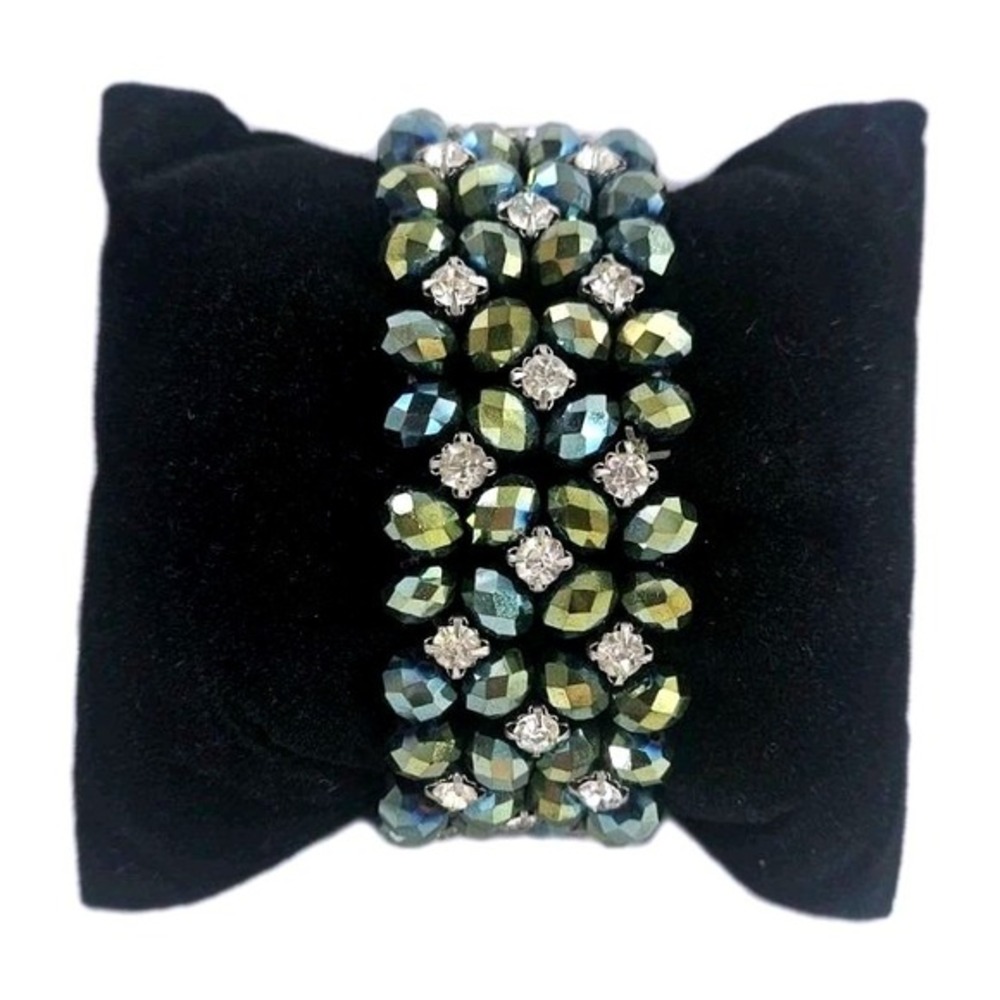 Vtg y2k Stretch ~1.5" Bracelet Faceted‎ Peacock Green Beads Rhinestone Bracelet